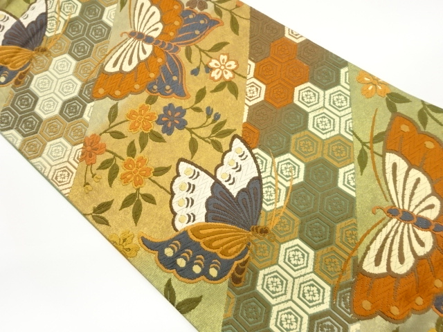 JAPANESE FUKURO OBI / KARA-ORI / WOVEN BUTTERFLY & FLORAL PLANTS
